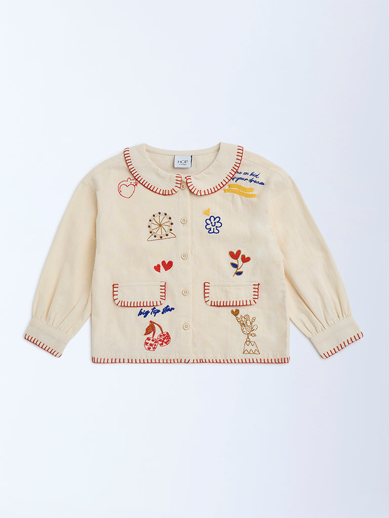 HOP Kids Beige Embroidered Cotton-Blend Blouse