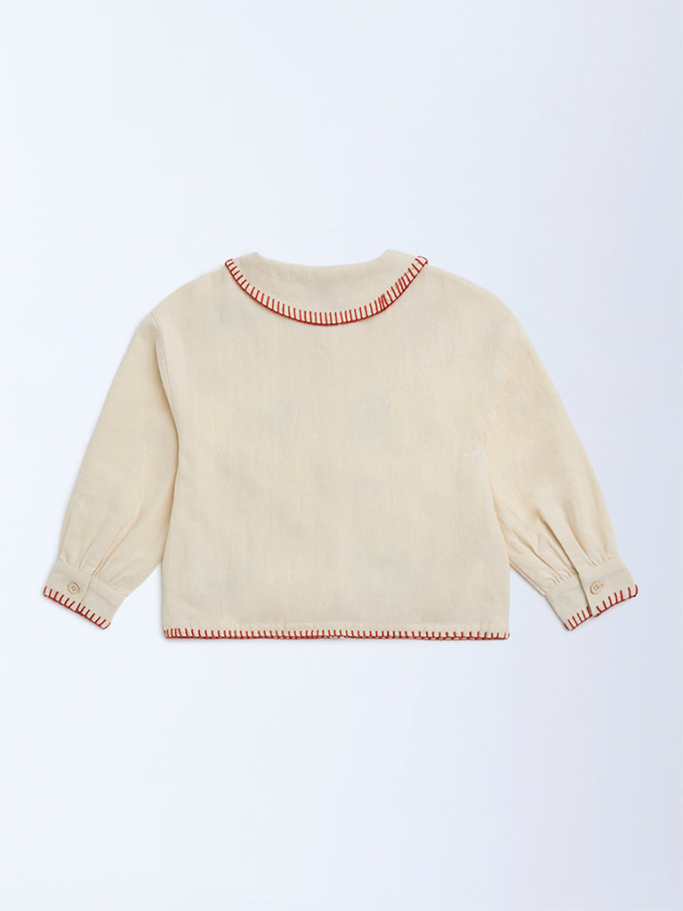 HOP Kids Beige Embroidered Cotton-Blend Blouse