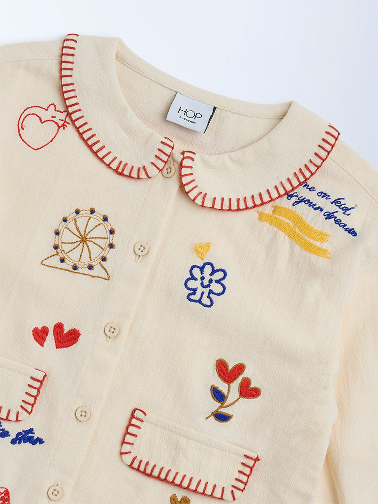 HOP Kids Beige Embroidered Cotton-Blend Blouse