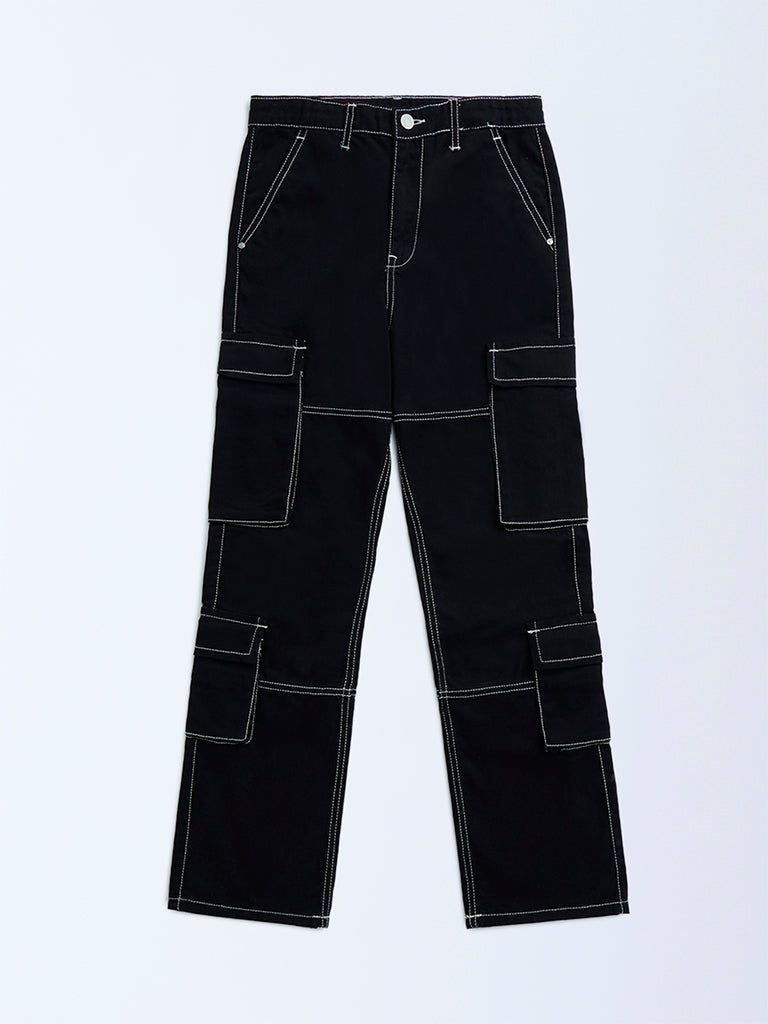 Y&F Kids Black Cargo-Style Mid-Rise Jeans