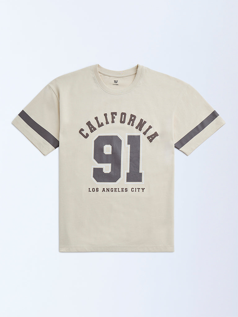 Y&F Kids Beige Typographic Cotton T-Shirt