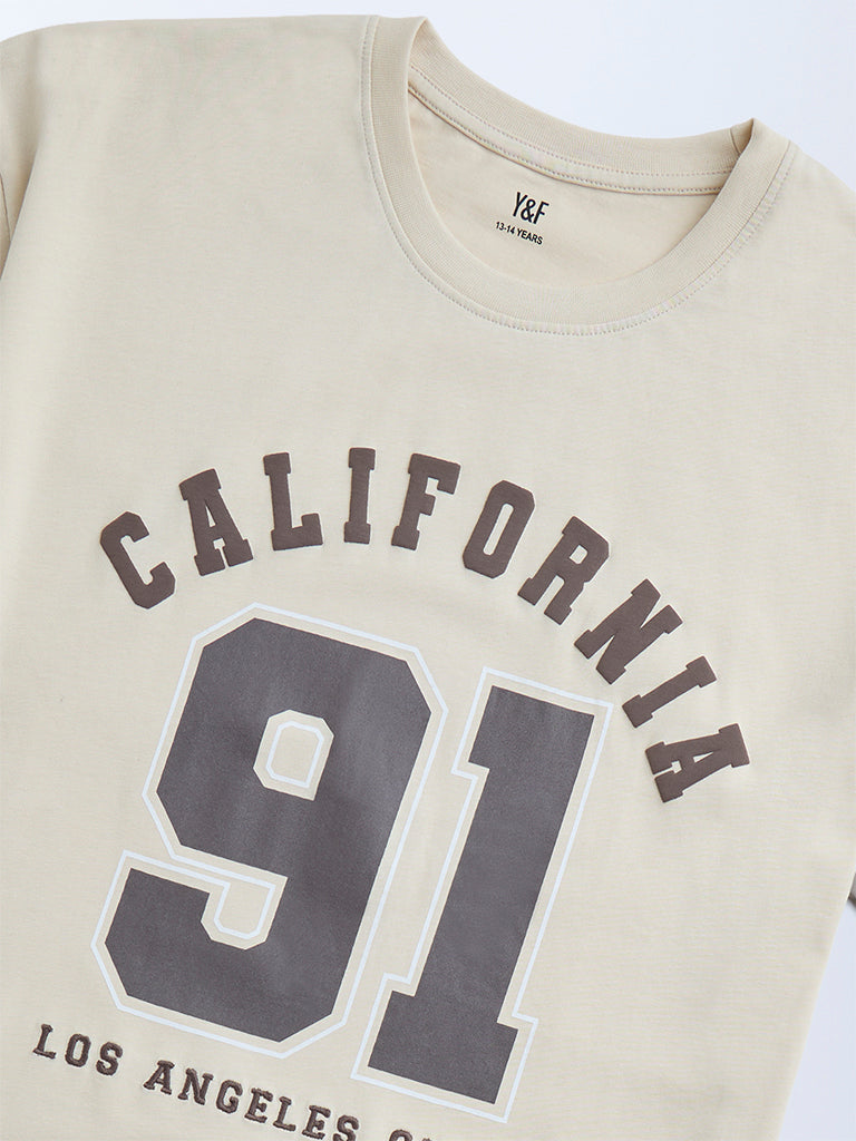 Y&F Kids Beige Typographic Cotton T-Shirt