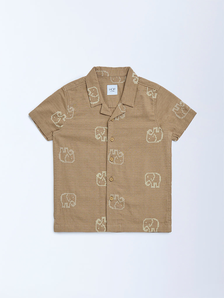 HOP Kids Taupe Animal Design Cotton Shirt