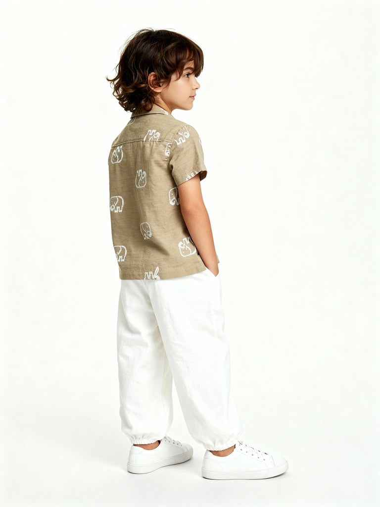HOP Kids Taupe Animal Design Cotton Shirt