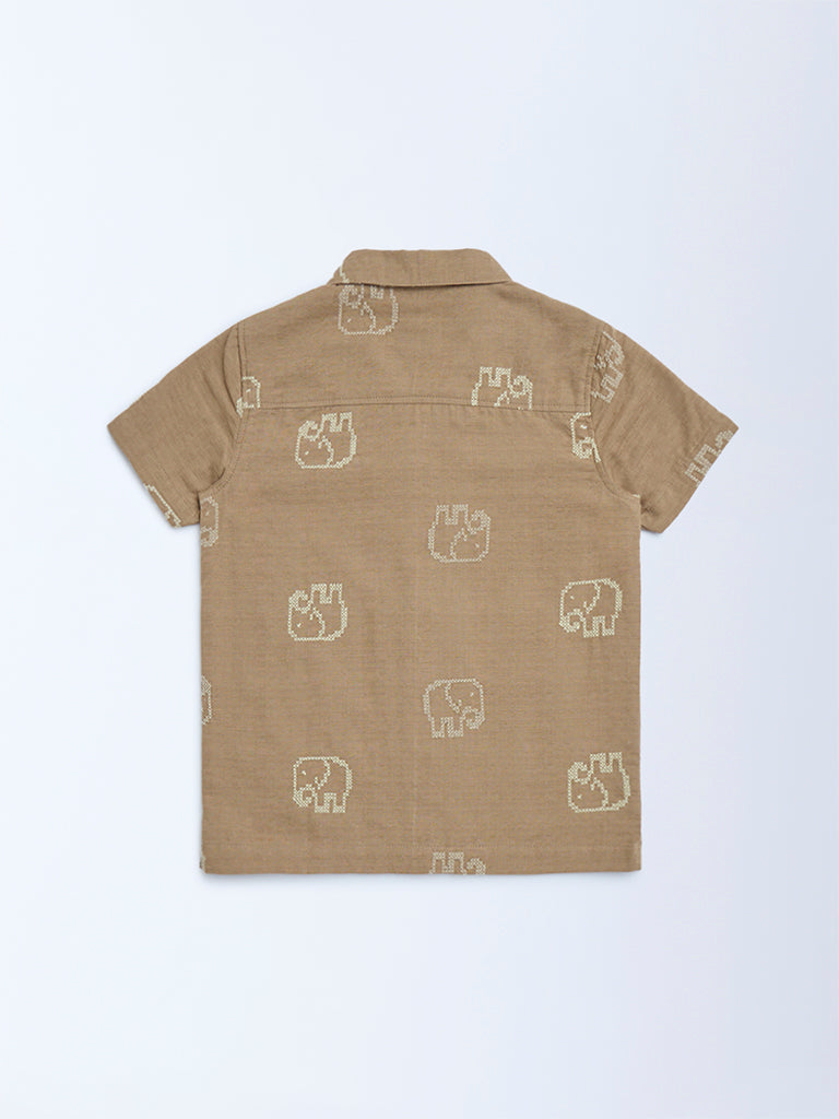 HOP Kids Taupe Animal Design Cotton Shirt