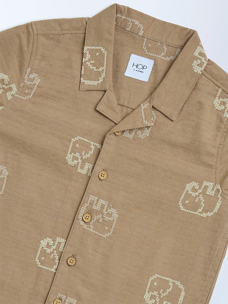 HOP Kids Taupe Animal Design Cotton Shirt