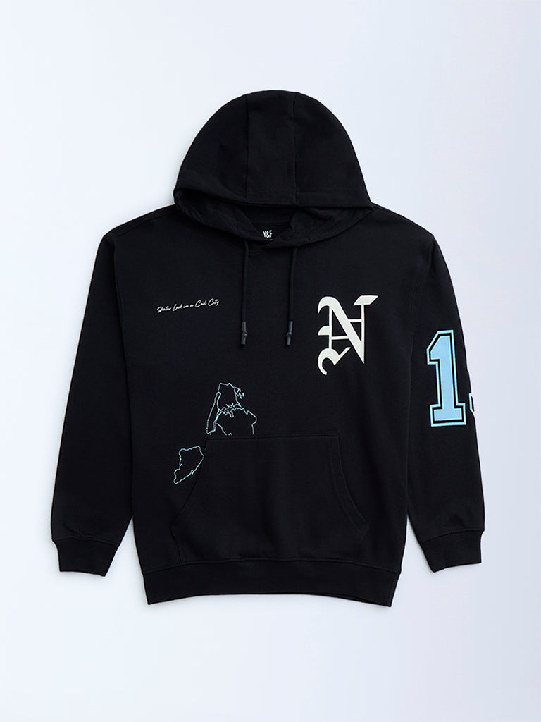 Y&F Kids Black Typographic Cotton Hoodie