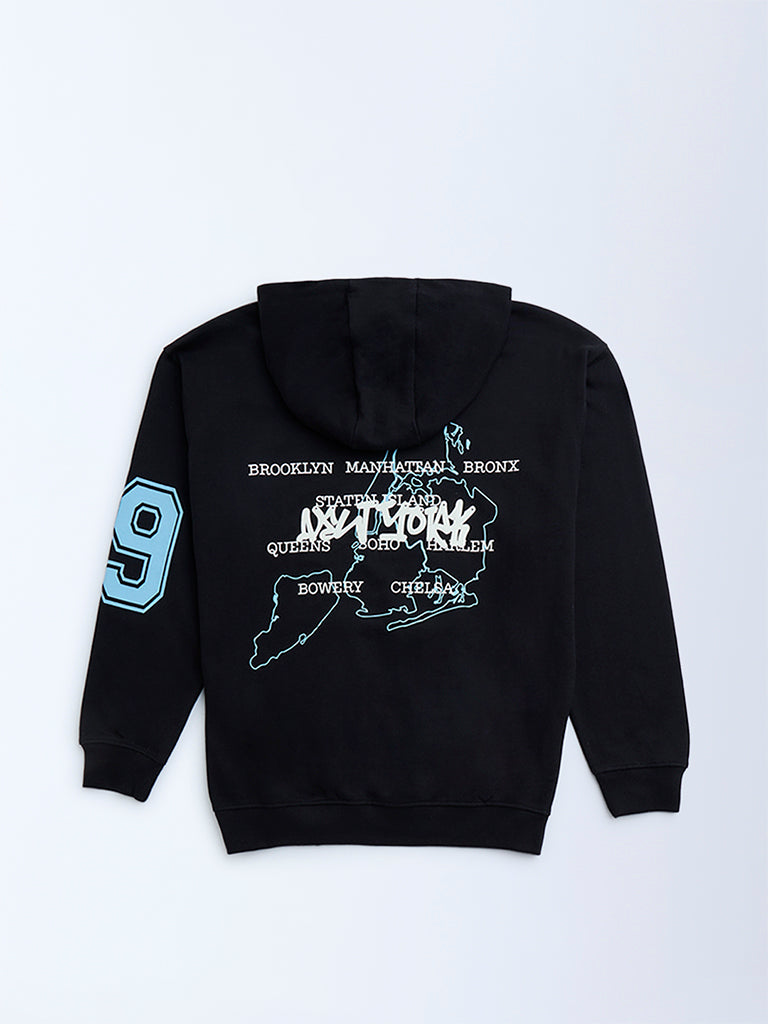 Y&F Kids Black Typographic Cotton Hoodie