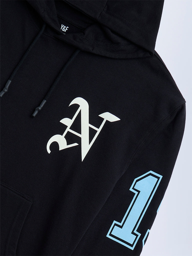 Y&F Kids Black Typographic Cotton Hoodie