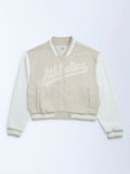 Y&F Kids Beige Text Pattern Cotton-Blend Varsity Jacket