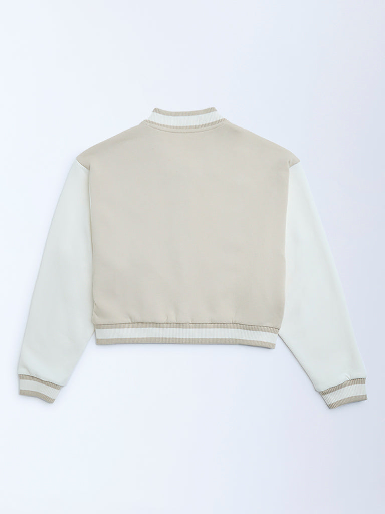 Y&F Kids Beige Text Pattern Cotton-Blend Varsity Jacket