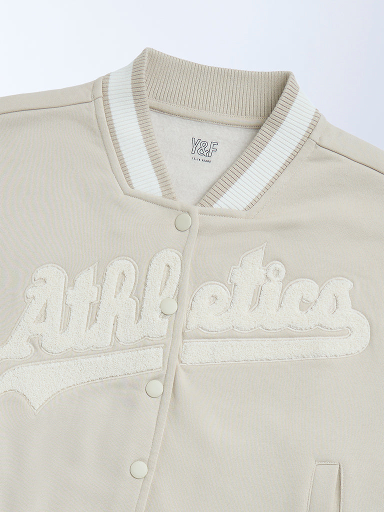 Y&F Kids Beige Text Pattern Cotton-Blend Varsity Jacket