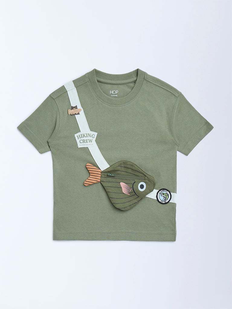 HOP Kids Olive Fish Detailed Cotton T-Shirt