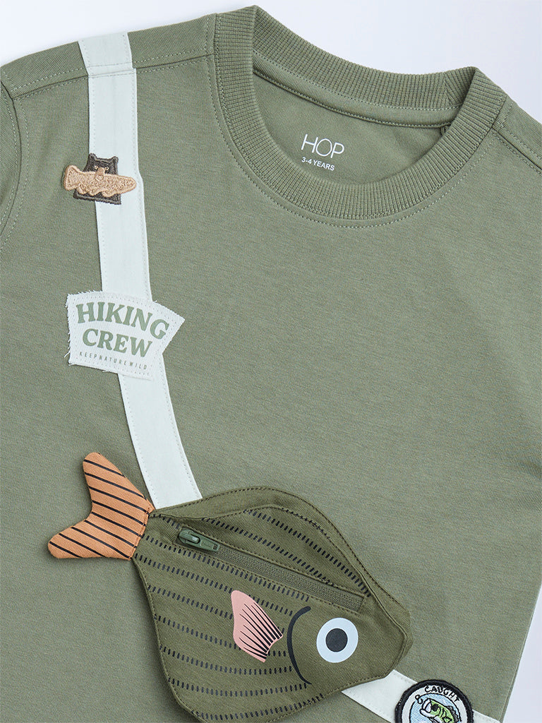 HOP Kids Olive Fish Detailed Cotton T-Shirt
