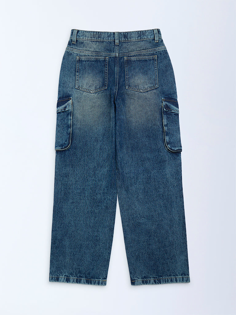 Y&F Kids Blue Washed Relaxed-Fit Mid-Rise Jeans
