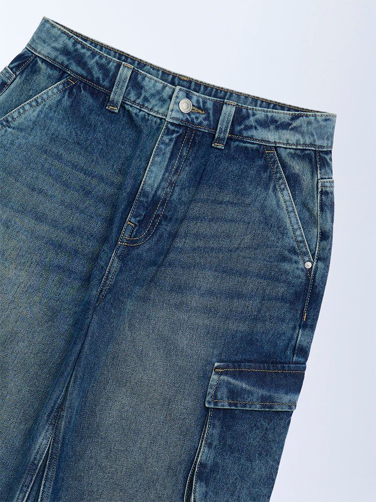 Y&F Kids Blue Washed Relaxed-Fit Mid-Rise Jeans