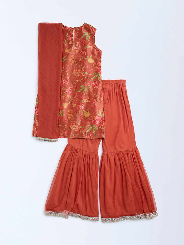 Utsa Kids Rust Floral Pattern Ethnic Set - (8-14yrs)