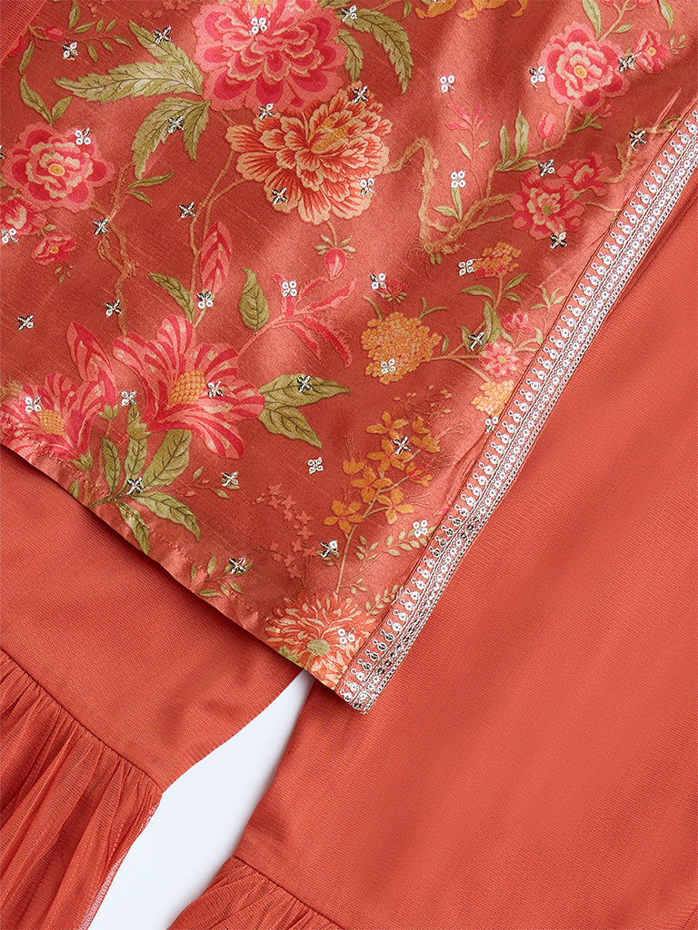Utsa Kids Rust Floral Pattern Ethnic Set - (8-14yrs)