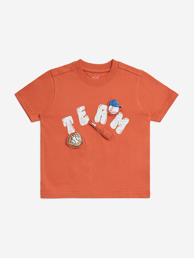 HOP Kids Orange Baseball-Themed Cotton T-Shirt