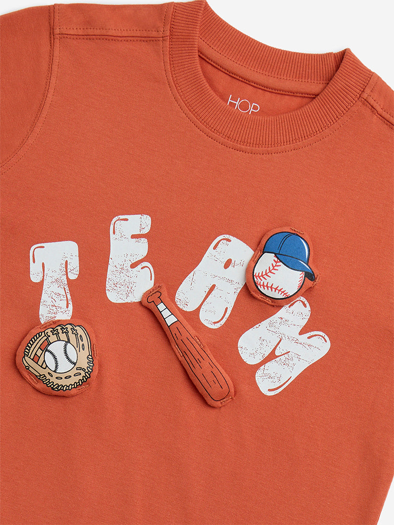 HOP Kids Orange Baseball-Themed Cotton T-Shirt