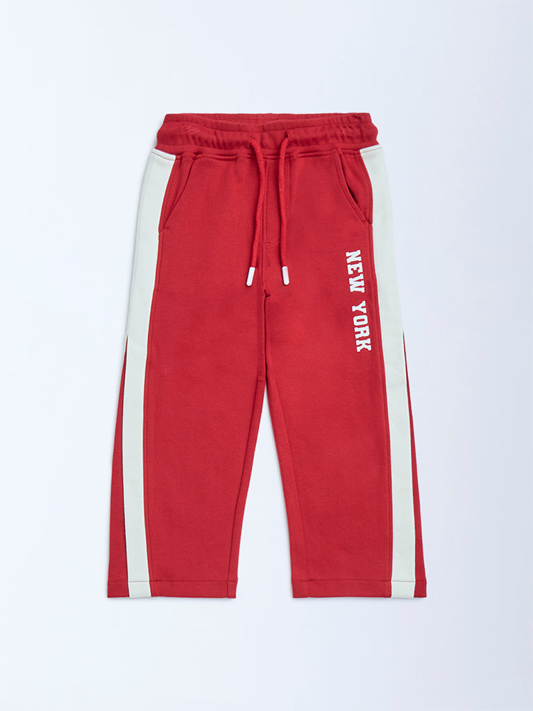 HOP Kids Red Striped Mid-Rise Cotton Trousers