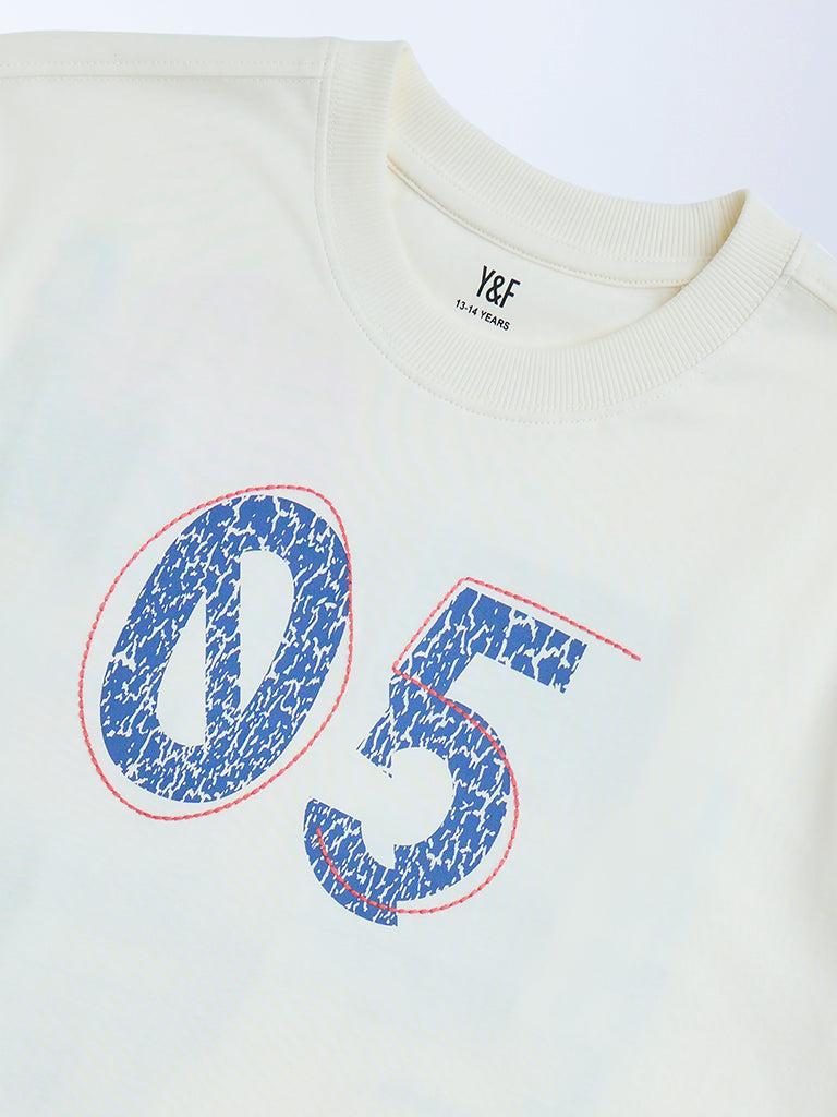 Y&F Kids Off-White Printed Cotton T-Shirt