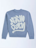 Y&F Kids Dusty Blue Text Detailed Cotton-Blend Sweater