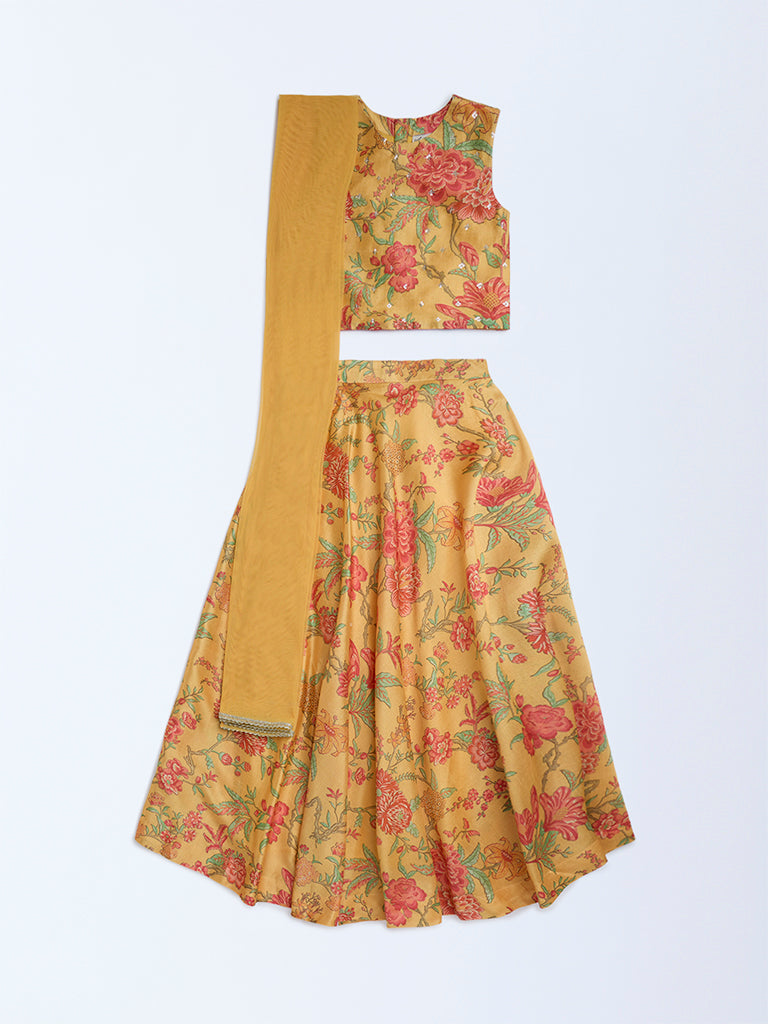 Utsa Kids Yellow Floral Ghagra, Choli and Dupatta Set - (8-14yrs)