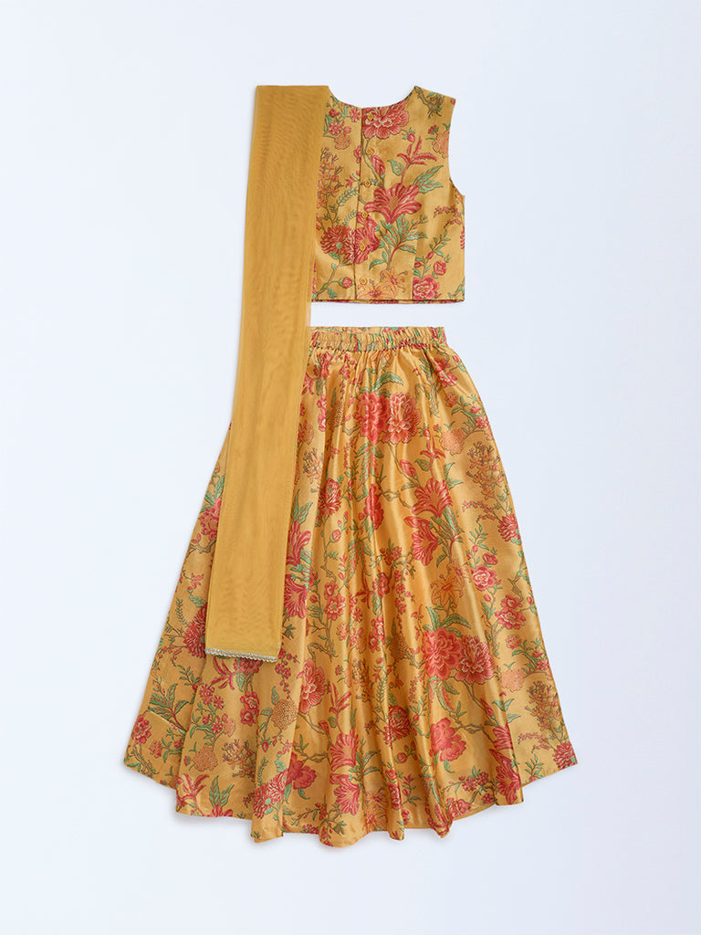 Utsa Kids Yellow Floral Ghagra, Choli and Dupatta Set - (8-14yrs)