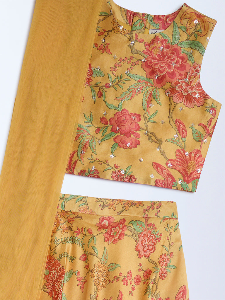 Utsa Kids Yellow Floral Ghagra, Choli and Dupatta Set - (8-14yrs)