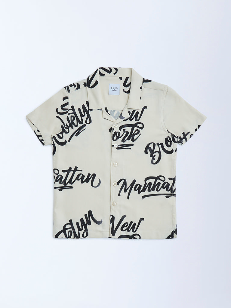 HOP Kids Beige Text Printed Shirt