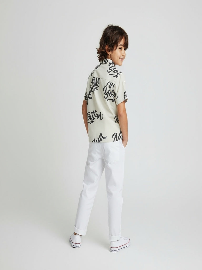 HOP Kids Beige Text Printed Shirt