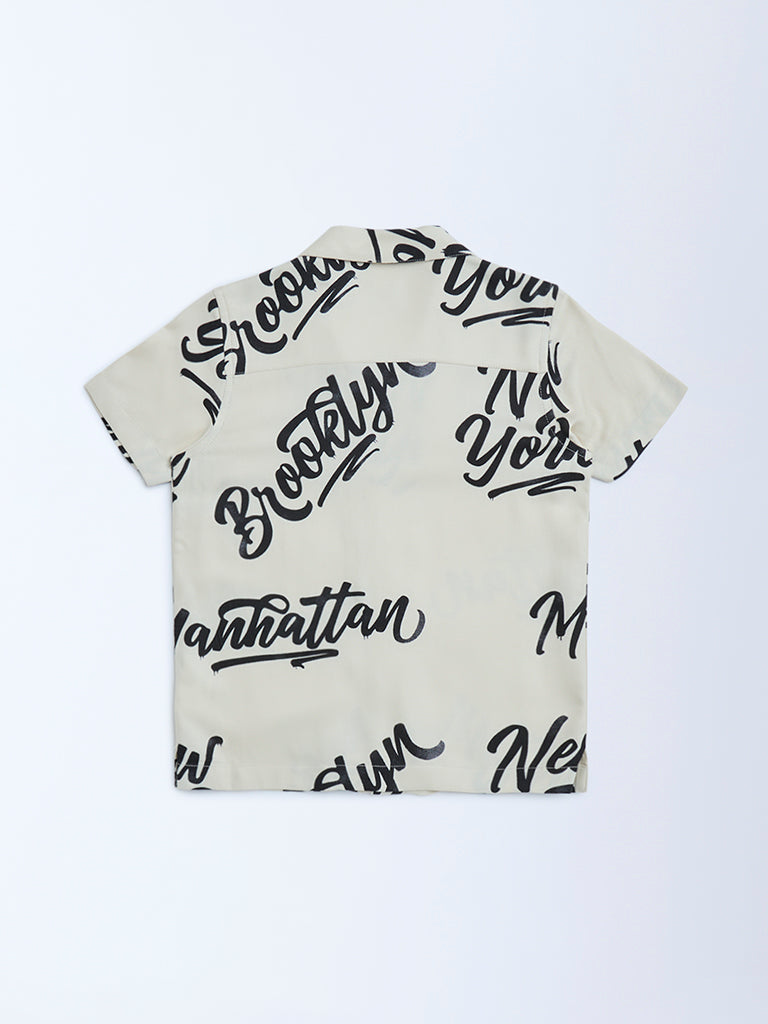 HOP Kids Beige Text Printed Shirt