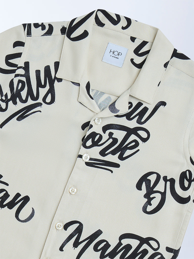 HOP Kids Beige Text Printed Shirt