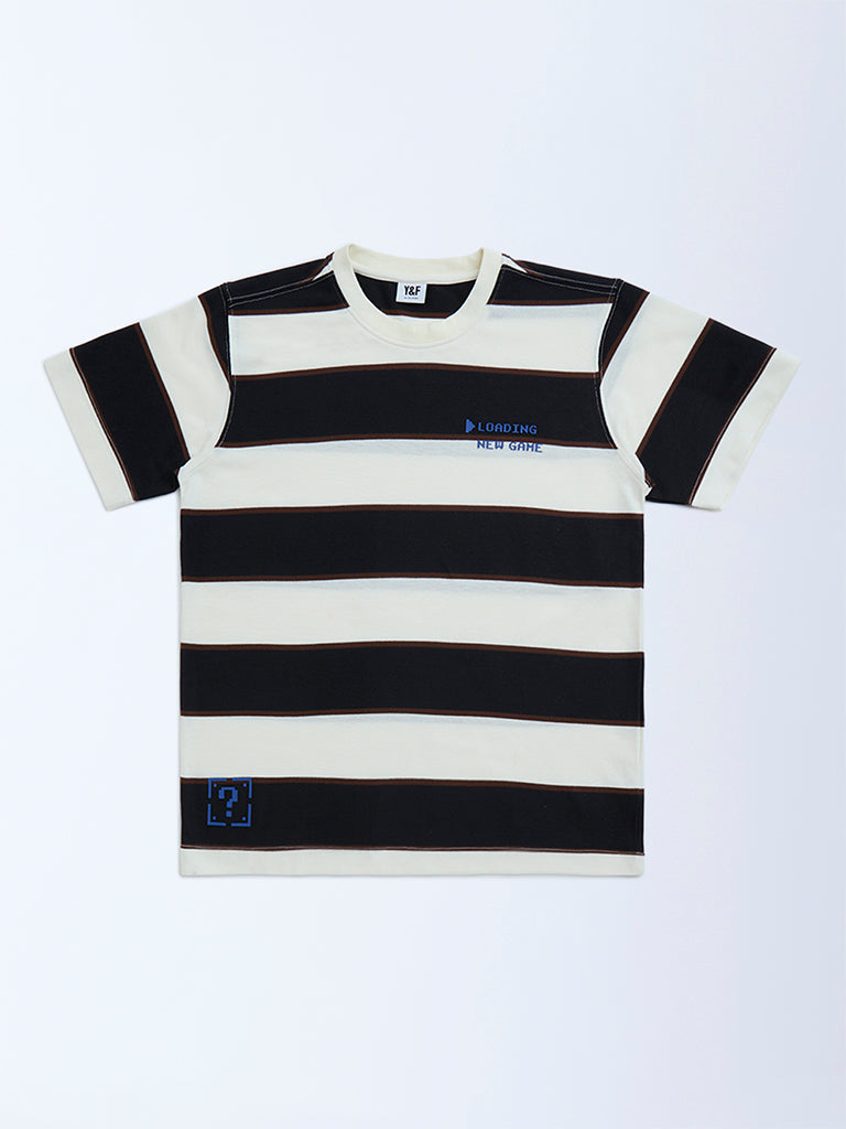 Y&F Kids Black Striped Cotton-Blend T-Shirt