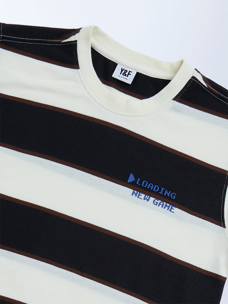 Y&F Kids Black Striped Cotton-Blend T-Shirt