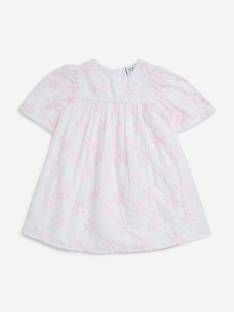 HOP Kids Pink Floral Embroidered Cotton A-Line Dress