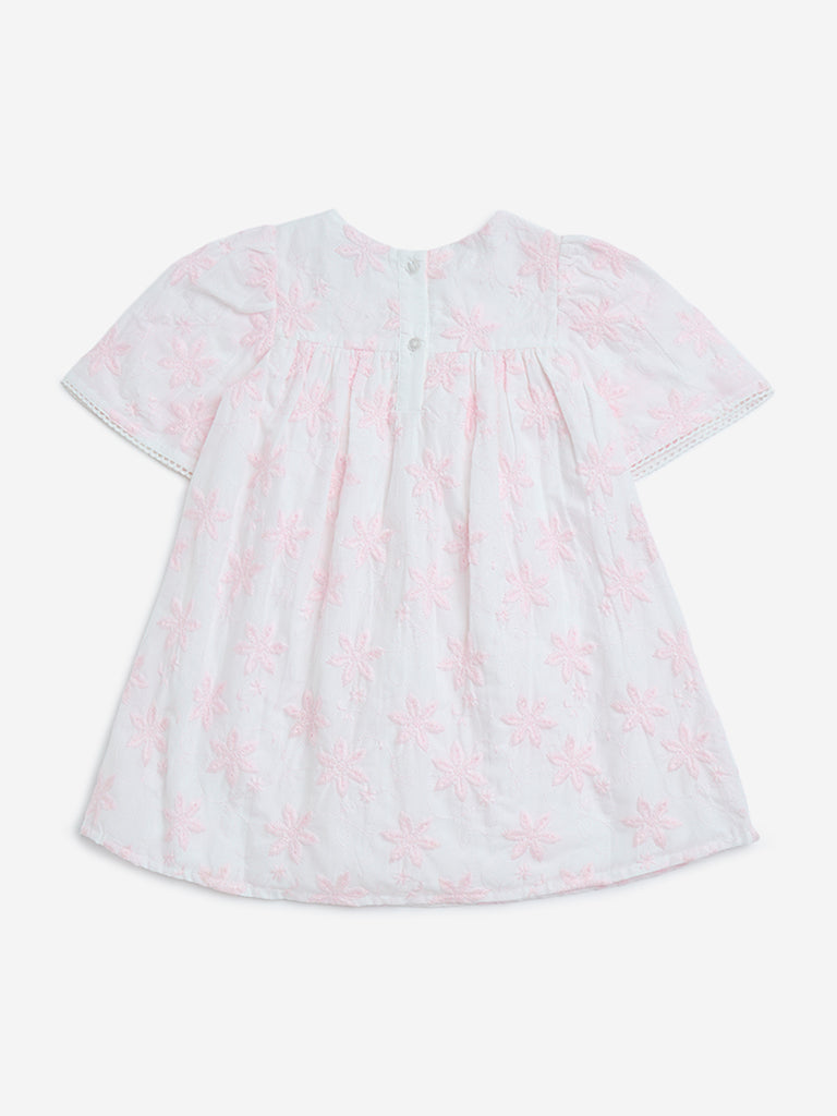 HOP Kids Pink Floral Embroidered Cotton A-Line Dress