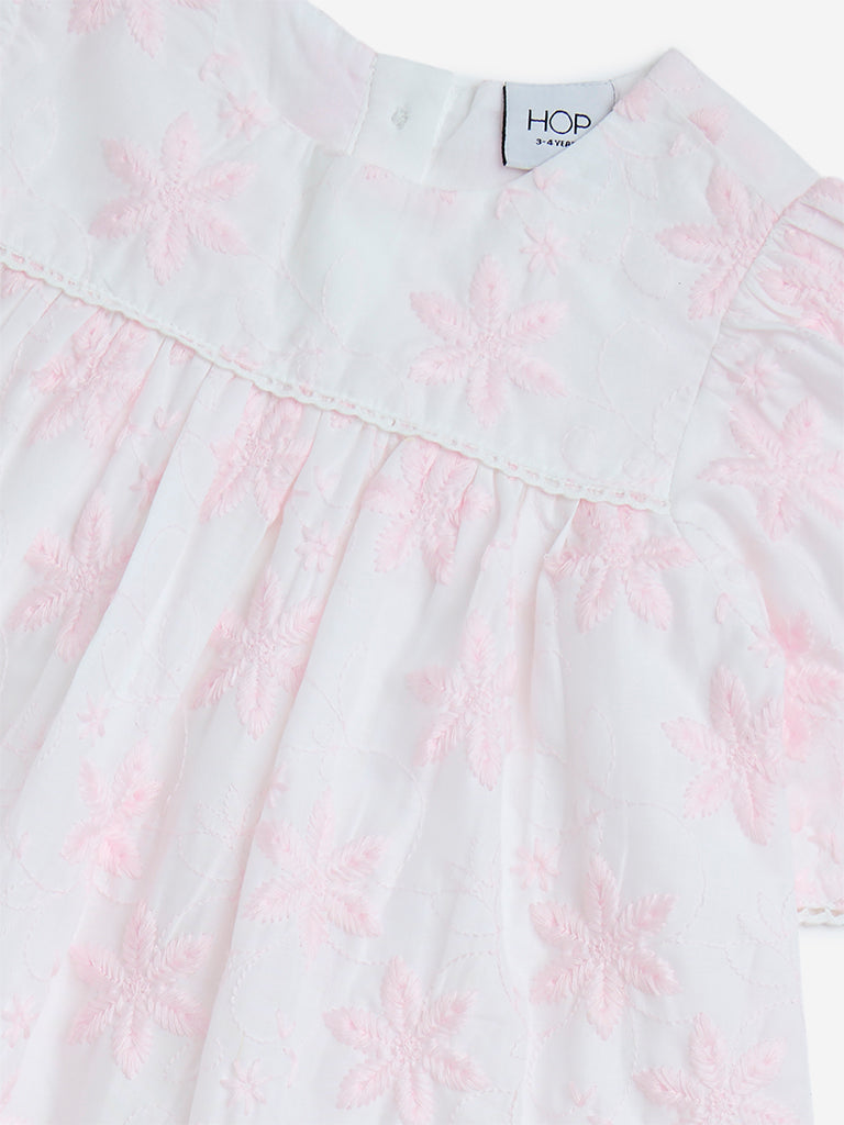 HOP Kids Pink Floral Embroidered Cotton A-Line Dress