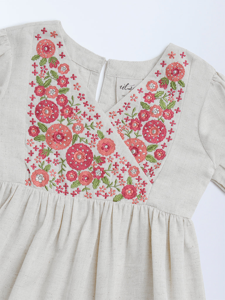 Utsa Kids Off-White Embroidered Cotton-Blend Tiered Dress - (2-8yrs)
