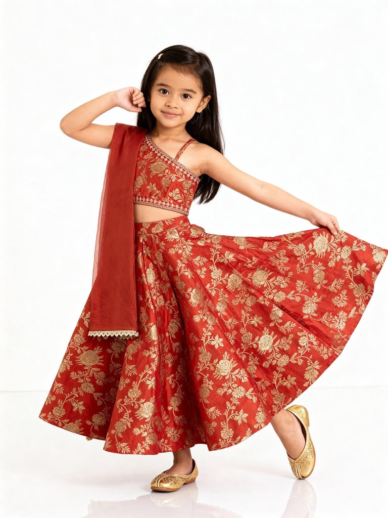 Utsa Kids Orange Floral Ghagra, Choli and Dupatta Set - (2-8yrs)