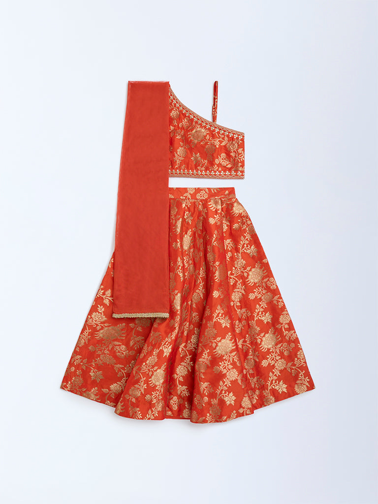 Utsa Kids Orange Floral Ghagra, Choli and Dupatta Set - (2-8yrs)