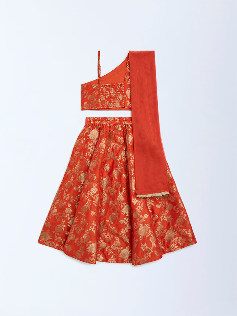 Utsa Kids Orange Floral Ghagra, Choli and Dupatta Set - (2-8yrs)