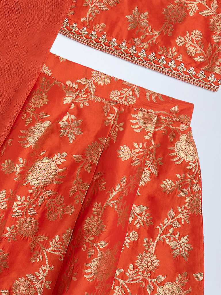 Utsa Kids Orange Floral Ghagra, Choli and Dupatta Set - (2-8yrs)