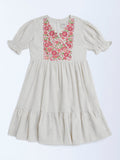 Utsa Kids Off-White Embroidered Cotton-Blend Tiered Dress - (8-14yrs)