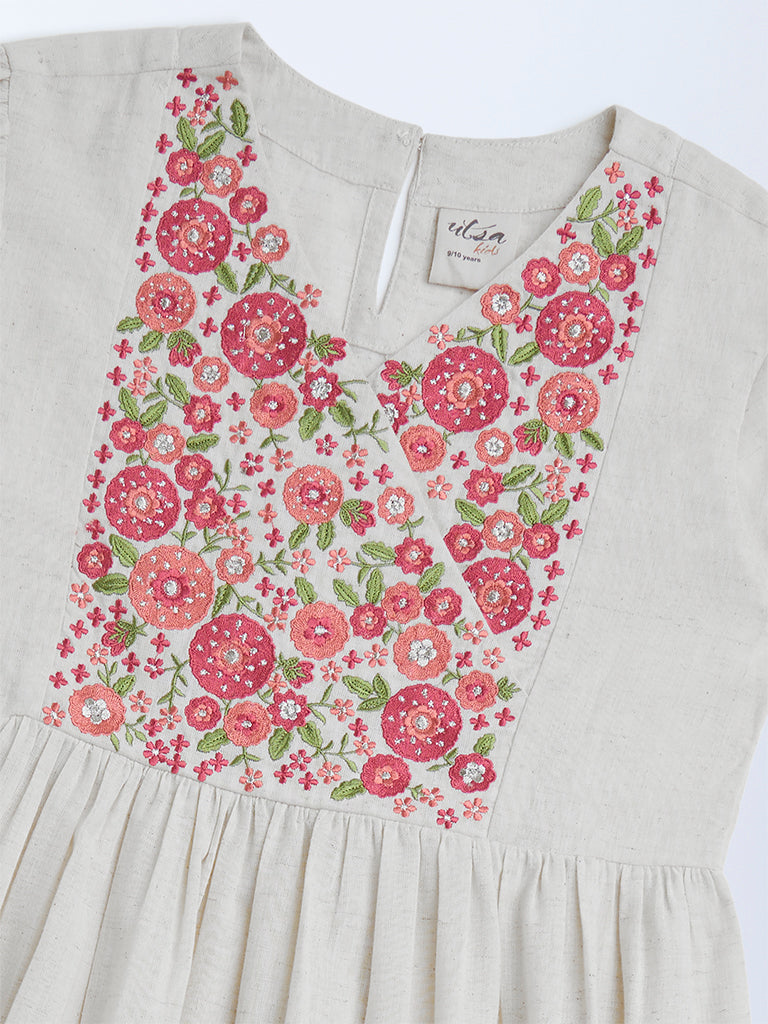 Utsa Kids Off-White Embroidered Cotton-Blend Tiered Dress - (8-14yrs)