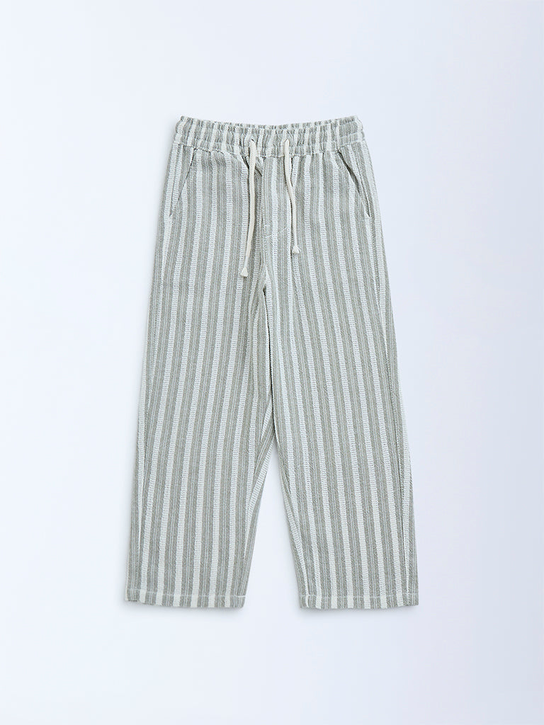 HOP Kids Olive Striped Mid-Rise Cotton Trousers