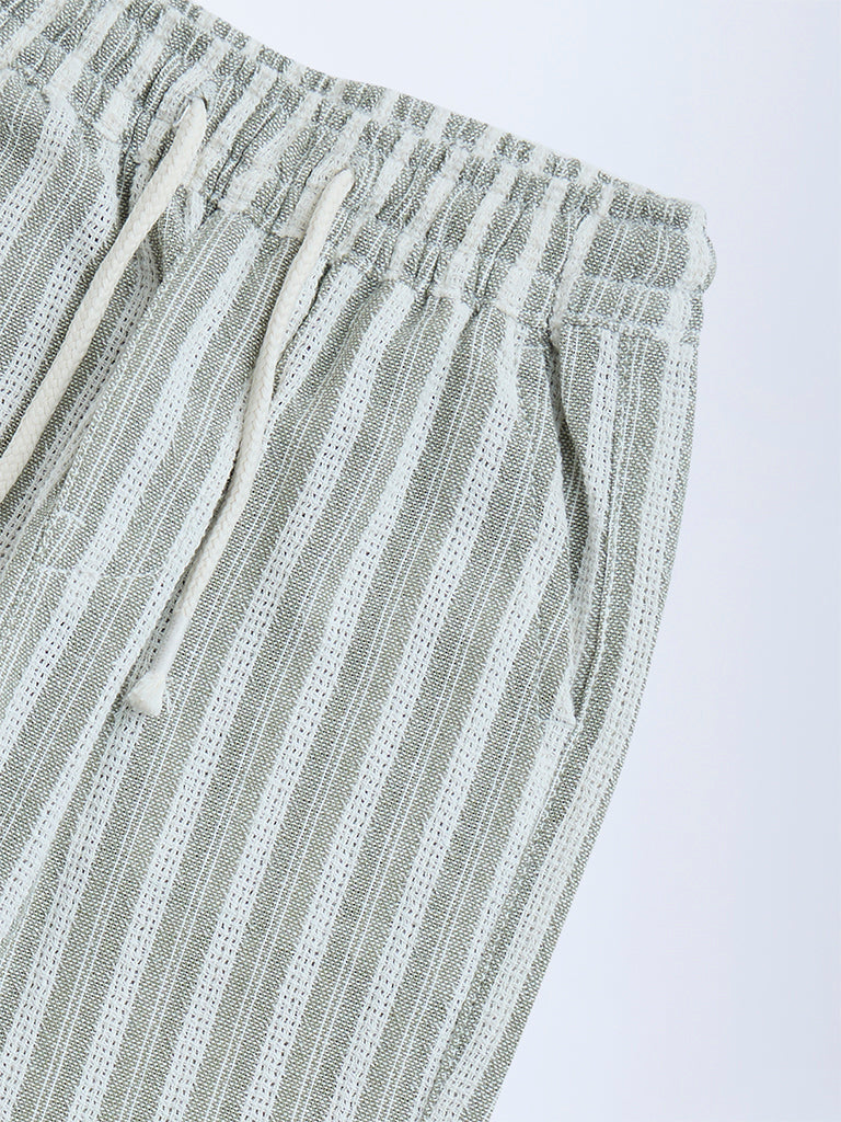 HOP Kids Olive Striped Mid-Rise Cotton Trousers