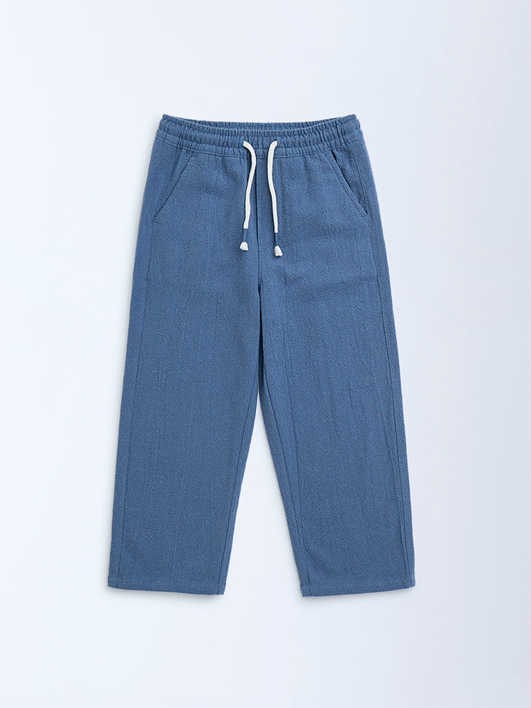 HOP Kids Dusty Blue Solid Mid-Rise Cotton Trousers