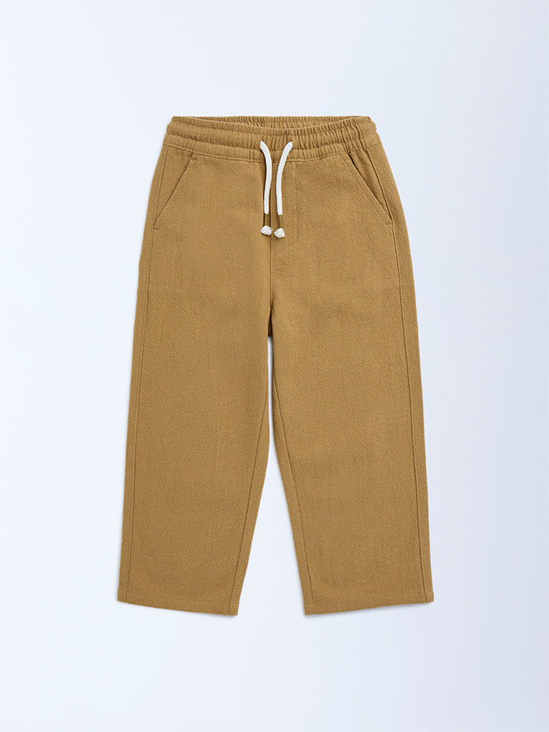 HOP Kids Mustard Solid Mid-Rise Cotton Trousers